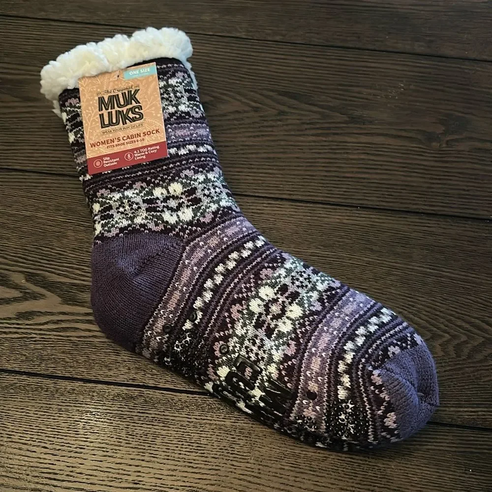Muk Luks Fairisle Gripper Cabin Socks NEW Purple One Size